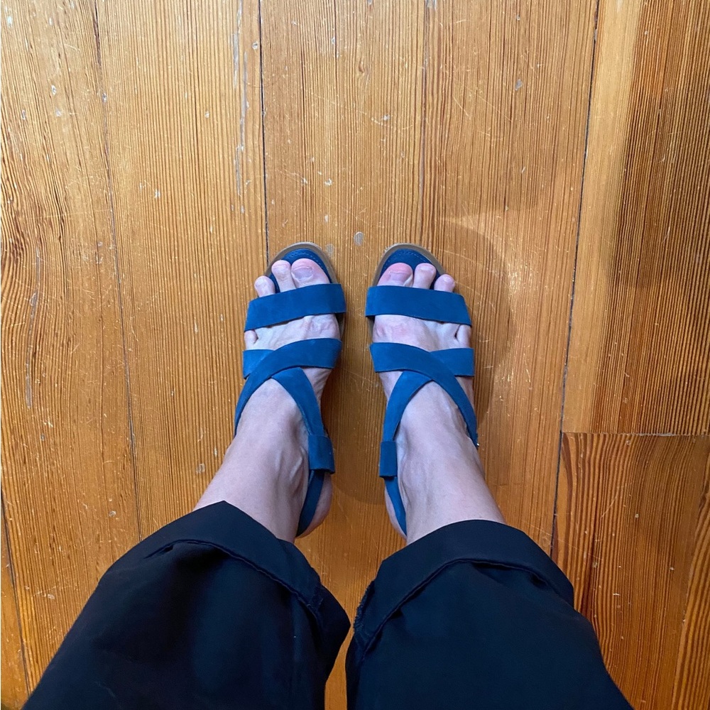 Franco Sarto blue suede 3 inch stacked heel sandals. Size 8.